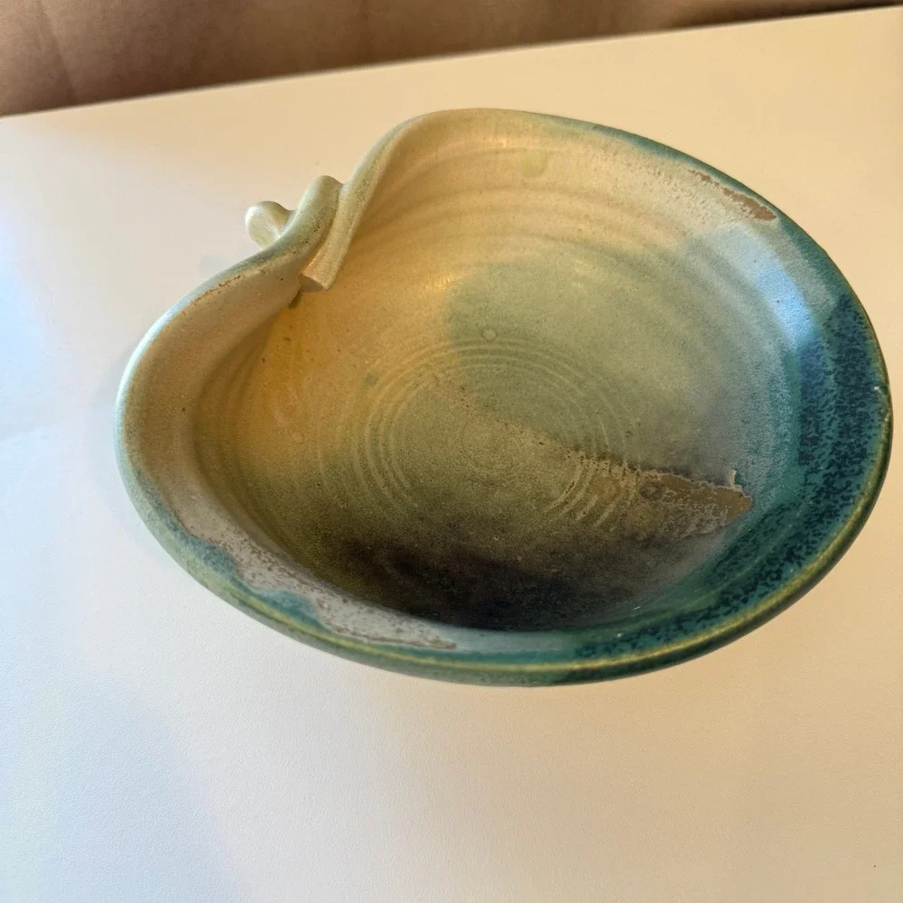 Signed Studio Pottery Handcrafted Green Tan Glazed Organic Folded Rim Bowl